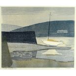 ARTHUR CHARLTON (1917-2007) linocut print - sailing boat at low-tide with harbour wall, entitled