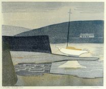 ARTHUR CHARLTON (1917-2007) linocut print - sailing boat at low-tide with harbour wall, entitled