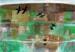 OGWYN DAVIES acrylic - flock of ravens in flight with landscape, entitled verso 'Gwyngoed, Caeau,