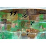 OGWYN DAVIES acrylic - flock of ravens in flight with landscape, entitled verso 'Gwyngoed, Caeau,