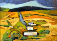 JOHN ELWYN oil on board - landscape with lane and buildings, signed, 29 x 38.5cms