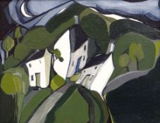 BRIGID WRIGHT oil on board - landscape, entitled verso 'Three Cottages', signed bottom left and date