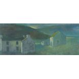 ANEURIN JONES oil on card - whitewashed farm and buildings in landscape, 18 x 44cms
