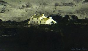 JOHN KNAPP-FISHER watercolour - whitewashed Trevigan Cottage in dark Pembrokeshire landscape, signed