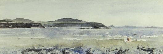 JOHN KNAPP-FISHER watercolour - figures walking and children playing on a Pembrokeshire beach,