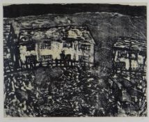 GLYN JONES monochrome lithograph - entitled 'Council Houses, Treherbert 1958', signed, 33 x 41cms