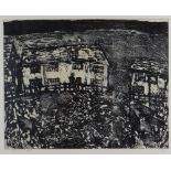 GLYN JONES monochrome lithograph - entitled 'Council Houses, Treherbert 1958', signed, 33 x 41cms