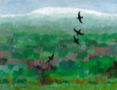 OGWYN DAVIES acrylic - four ravens in flight with landscape, entitled verso 'Gwyngoed - Eira Mis Mai