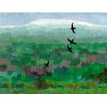 OGWYN DAVIES acrylic - four ravens in flight with landscape, entitled verso 'Gwyngoed - Eira Mis Mai