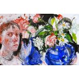 SHANI RHYS JAMES MBE oil on canvas - head self-portrait with flowers in a blue jug, entitled verso