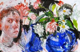 SHANI RHYS JAMES MBE oil on canvas - head self-portrait with flowers in a blue jug, entitled verso