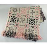 VINTAGE TRADITIONAL WELSH WOOLLEN BLANKET with pink and black geometric design to a cream ground,