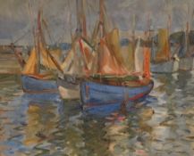 JOHN CYRLAS WILLIAMS (1902-1965) oil on canvas - sailboats in a harbour, possibly Cornwall, 44 x