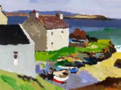 DONALD McINTYRE acrylic - Scottish island coast with buildings and boats, entitled verso 'Port