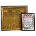 TWO VICTORIAN WELSH LANGUAGE WOOLWORK SAMPLERS the smaller by Elizabeth Price 1847, 48 x 37cms (