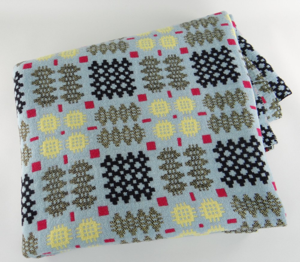 VINTAGE TRADITIONAL WELSH WOOLLEN BLANKET with multi-coloured geometric design to a turquoise
