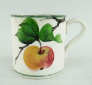 RARE LLANELLY POTTERY MUG PAINTED WITH AN APPLE on a branch with leaves, stencilled Llanelly to