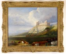 MANNER OF HUGH HUGHES oil on canvas - Harlech castle, Gwynedd with cattle watering, 39 x 49cms