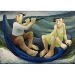 MURIEL DELAHAYE oil on canvas - two figures in high seas in a coracle, signed, 46 x 64.5cms