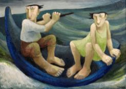 MURIEL DELAHAYE oil on canvas - two figures in high seas in a coracle, signed, 46 x 64.5cms