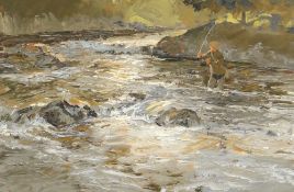 DAVID COBB oil on canvas - standing fisherman in a rushing river, signed, with title verso 'Low