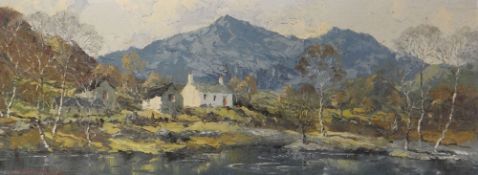 CHARLES WYATT WARREN oil on board - Eryri with white-washed cottage, entitled verso 'Snowdon from