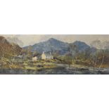 CHARLES WYATT WARREN oil on board - Eryri with white-washed cottage, entitled verso 'Snowdon from