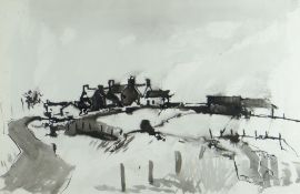 GWILYM PRICHARD inkwash - farm and outbuildings on hillside, signed and dated 1974, 37 x 57cms