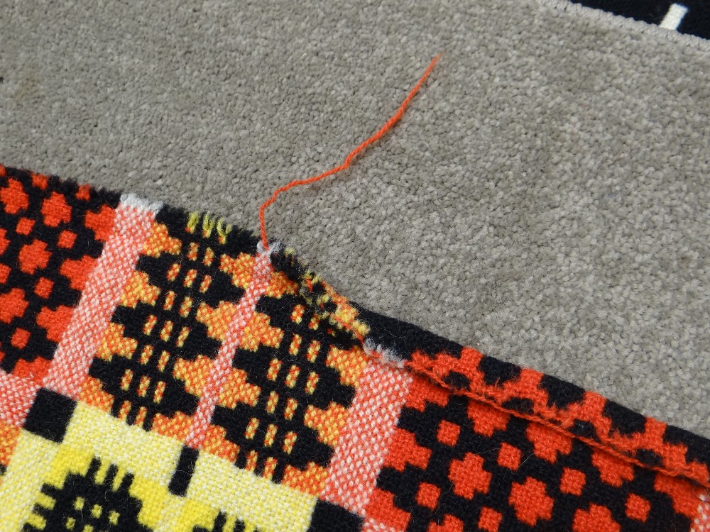 VINTAGE TRADITIONAL WELSH WOOLLEN BLANKET with black, yellow, orange and red geometric design, - Image 6 of 6