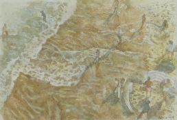 ARTHUR MORGAN watercolour - figures on the shore, entitled verso 'On the Edge VI, South Beach,