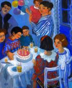 CLAUDIA WILLIAMS oil on canvas - family group, entitled 'Party Time', signed with initials and fully