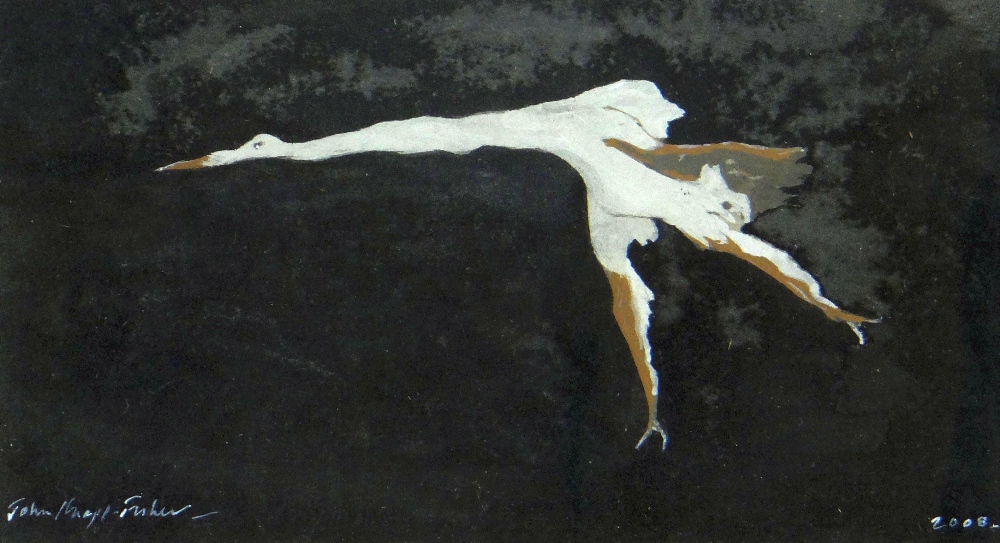 JOHN KNAPP-FISHER mixed media - white running bird on dark background, signed and dated 2008, 11 x