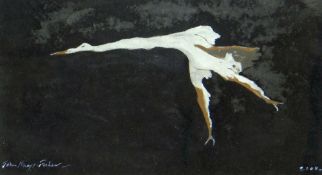 JOHN KNAPP-FISHER mixed media - white running bird on dark background, signed and dated 2008, 11 x