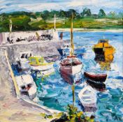 ALAN KNIGHT oil on board - Cemaes Bay, Ynys Môn harbour with boats on a bright day, signed with