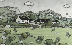 ALAN WILLIAMS acrylic - landscape with farm, entitled verso 'Cottage and Farm, Llandudno', signed,