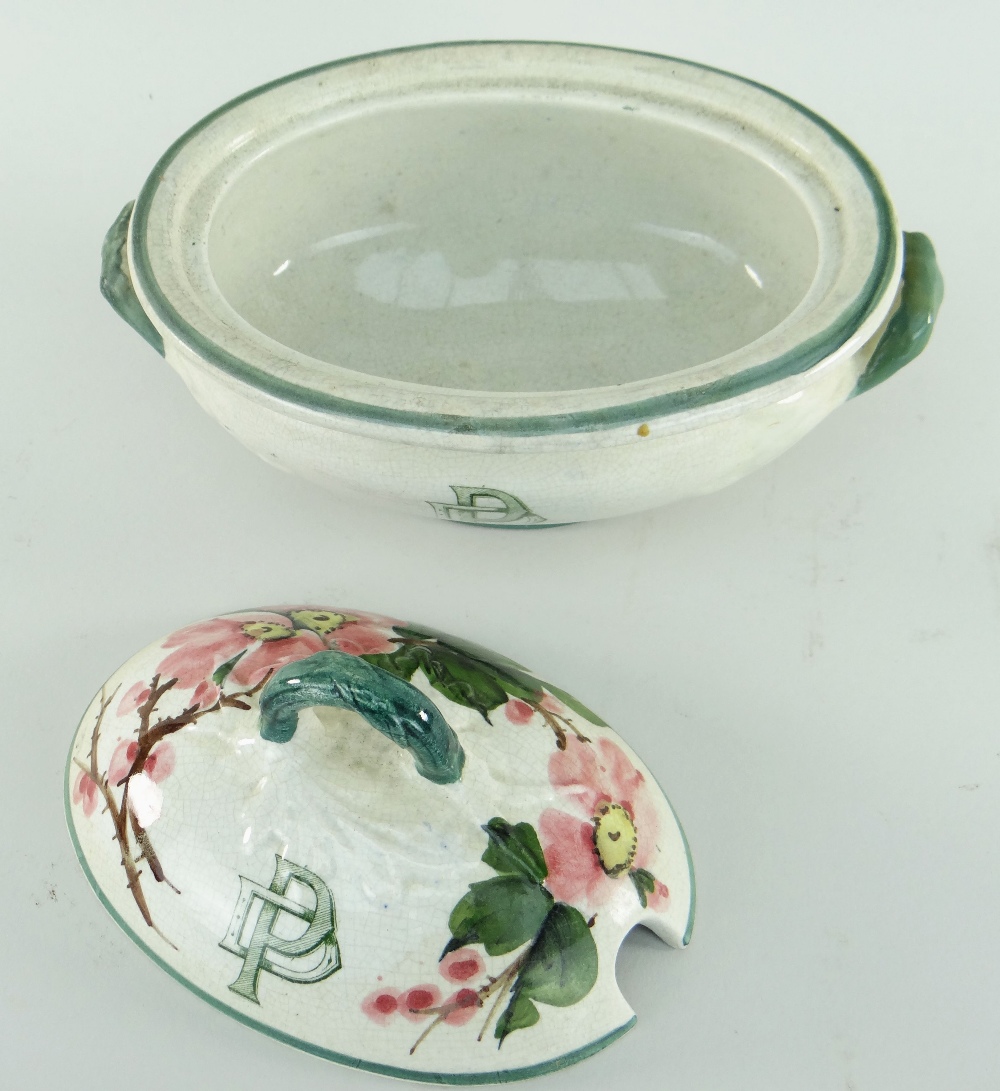 LLANELLY POTTERY TUREEN painted with briar roses, the cover with 'DP' monogram, twin handles to body - Image 3 of 3