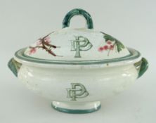 LLANELLY POTTERY TUREEN painted with briar roses, the cover with 'DP' monogram, twin handles to body