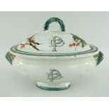 LLANELLY POTTERY TUREEN painted with briar roses, the cover with 'DP' monogram, twin handles to body