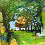 JOHN ELWYN oil on canvas - whitewashed buildings viewed through trees, entitled verso 'Farm