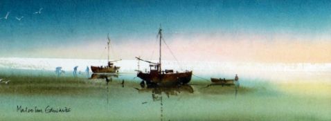 MALCOLM EDWARDS watercolour - fishing boats with figures at low tide, signed, 9.5 x 25cms