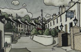 ALAN WILLIAMS acrylic - fishing village street with terraced houses and pub, entitled 'Fishermens