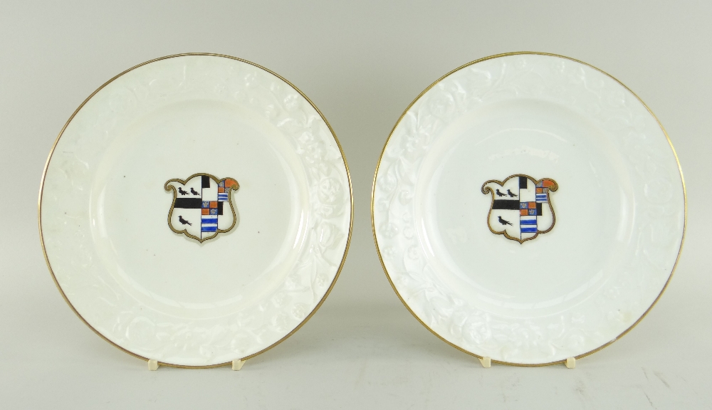 PAIR OF SWANSEA PORCELAIN PLATES having moulded floral borders, gilt rims and centred painted and