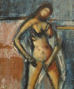 PETER EDWARDS oil on board - standing nude, entitled verso 'Adjusting Her Dress', signed with