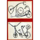 ELVET THOMAS charcoal - two flowing studies of bicycles, entitled verso 'Bikes', signed and dated