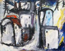 IWAN BALA oil on board - village with hill and pylons, entitled verso 'In Storm Walking', signed, 46