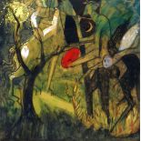 ELVET THOMAS mixed media - dark woodland with owl and figures, entitled verso 'Forest (