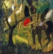 ELVET THOMAS mixed media - dark woodland with owl and figures, entitled verso 'Forest (