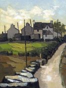 WILF ROBERTS oil on canvas - Ynys Môn village lane with buildings, signed and dated 2006 and with