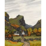 DAVID BARNES oil on board - Welsh landscape with farmstead and entitled 'Craig yr Aderyn', signed
