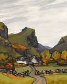 DAVID BARNES oil on board - Welsh landscape with farmstead and entitled 'Craig yr Aderyn', signed